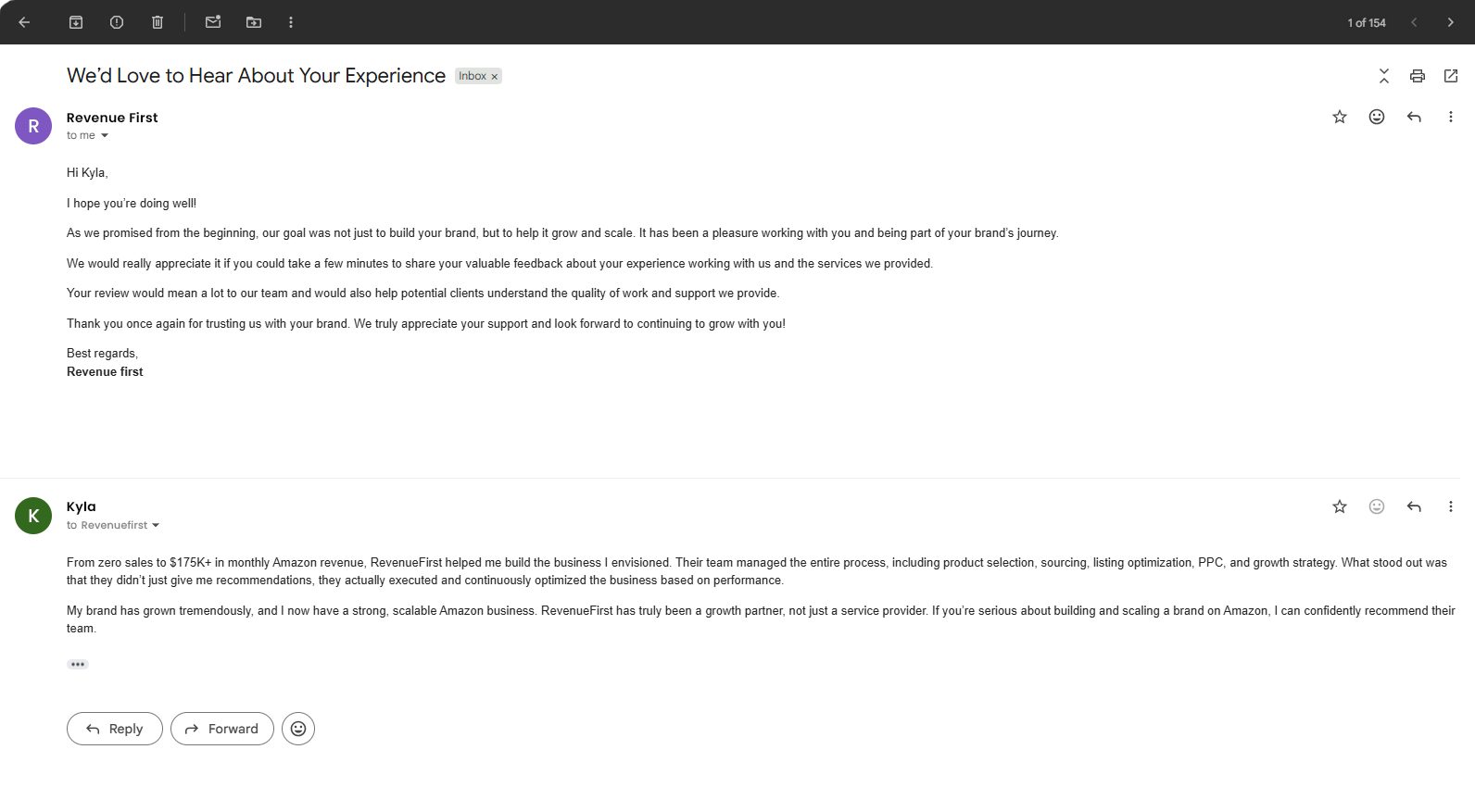 Email testimonial from Kyla detailing $175k monthly Amazon scale