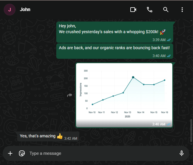 WhatsApp client update showing $200k sales milestone